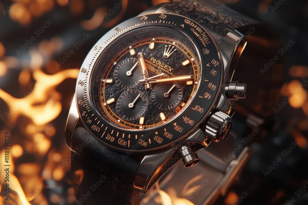 A luxury chronograph watch displayed against a fiery backdrop. A luxury chronograph watch displayed against a fiery backdrop.