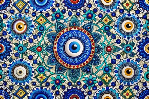 Seamless Turkish Evil Eye Pattern: Good Luck Oriental Tile Design, Ottoman Inspired Background