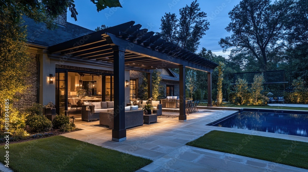 Outdoor Patio with Pergola and Swimming Pool at Dusk Outdoor Patio with Pergola and Swimming Pool at Dusk