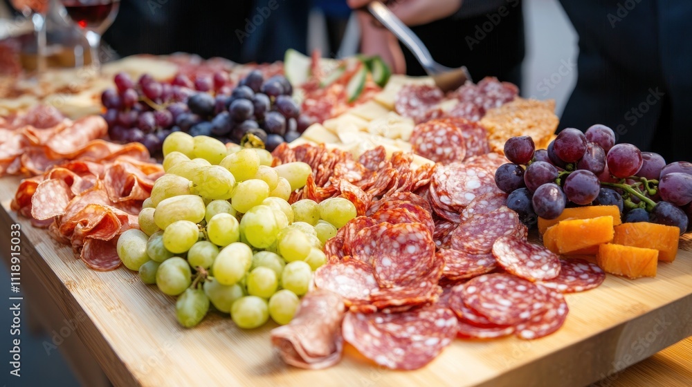 Delicious charcuterie board with salami, cheese, and grapes. Delicious charcuterie board with salami, cheese, and grapes.