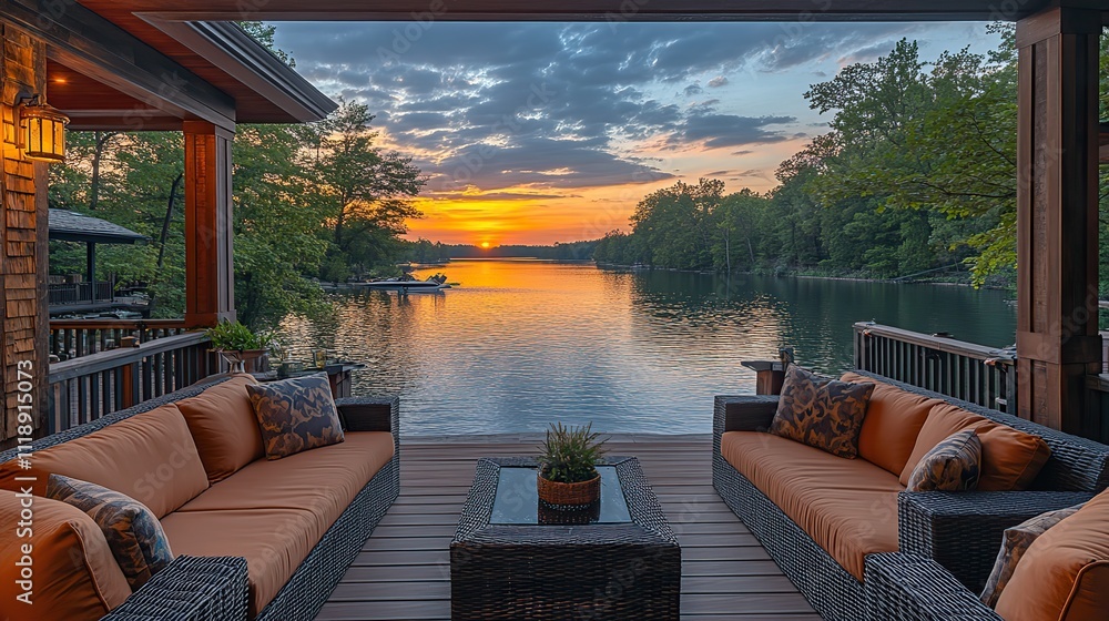 Fototapeta premium A stunning lake view from an elegant deck, featuring outdoor seating with cushions