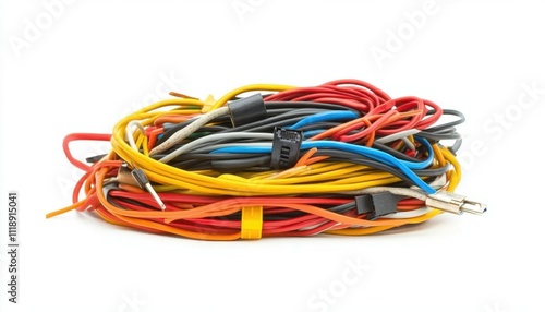 A tangled assortment of colorful electrical wires and cables.