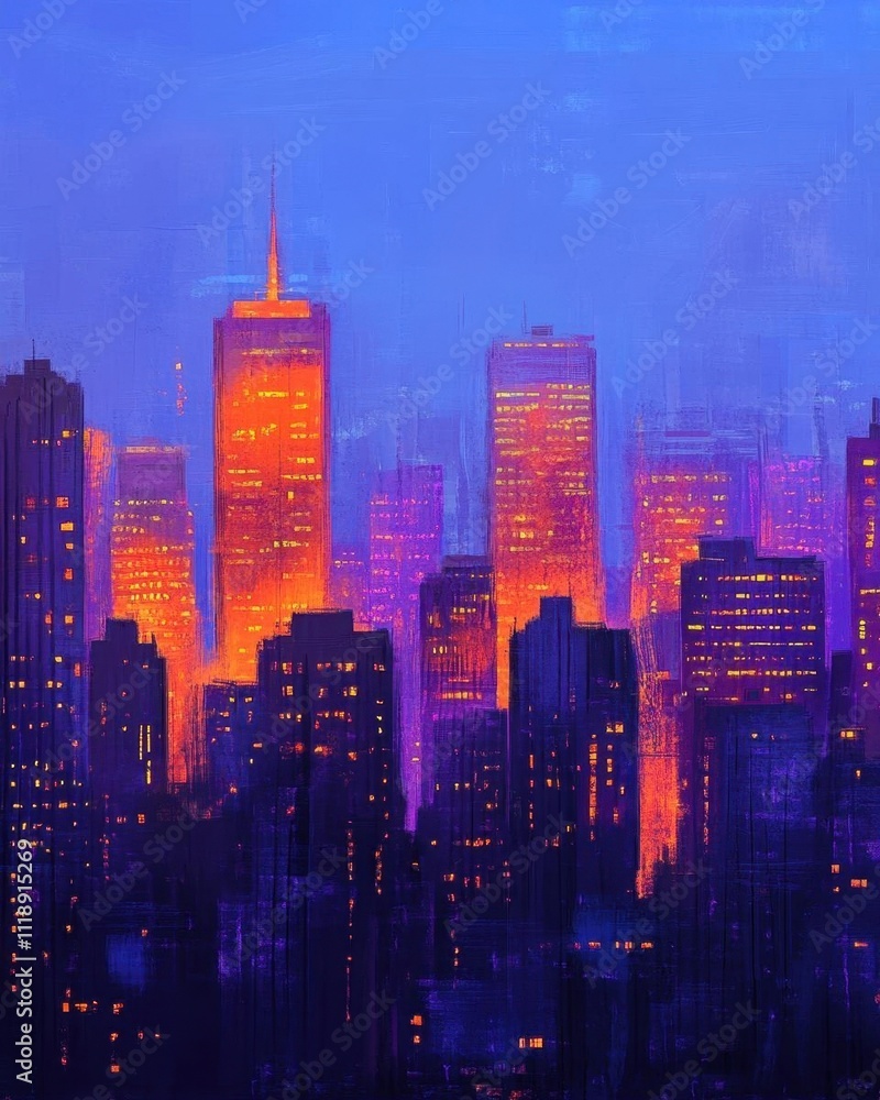 A vibrant city skyline at dusk, showcasing glowing buildings and lights. A vibrant city skyline at dusk, showcasing glowing buildings and lights.