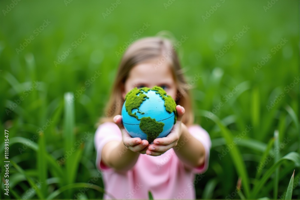 a young girl holding a globe covered with patches of green moss, symbolizing environmental conservation and Earth care. a young girl holding a globe covered with patches of green moss, symbolizing environmental conservation and Earth care.