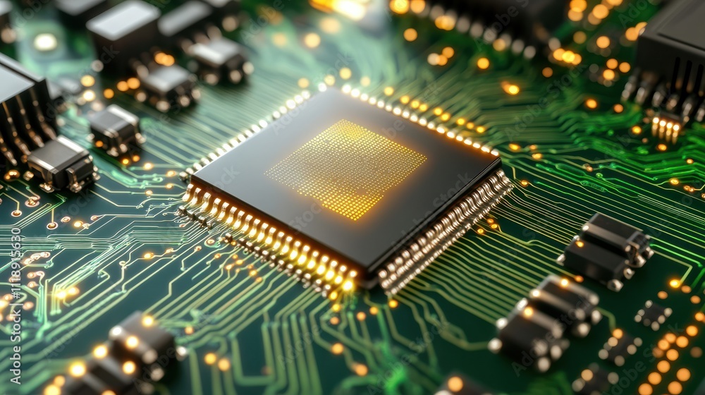 Chrome computer chip with ai engraving on green circuit board with glowing patterns Chrome computer chip with ai engraving on green circuit board with glowing patterns