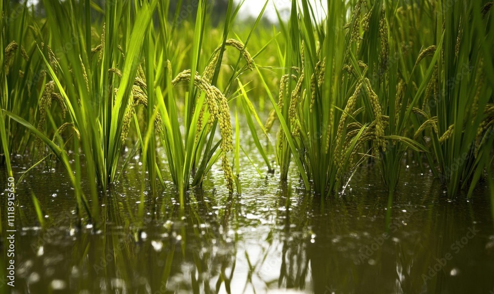 Lush rice plants growing in water with raindrops glistening. Lush rice plants growing in water with raindrops glistening.