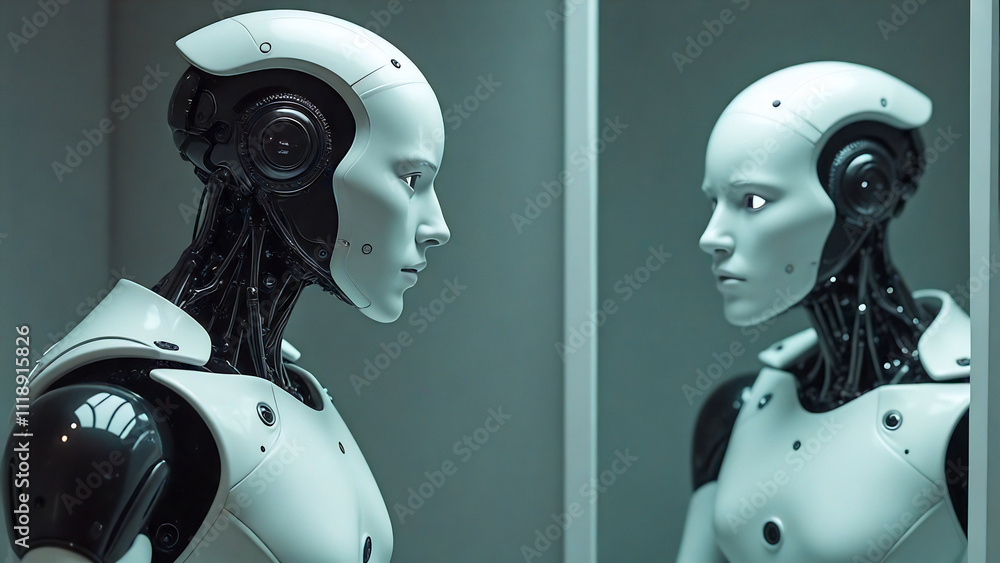 A robot looking itself in mirror. Technology and future theme. A robot looking itself in mirror. Technology and future theme.