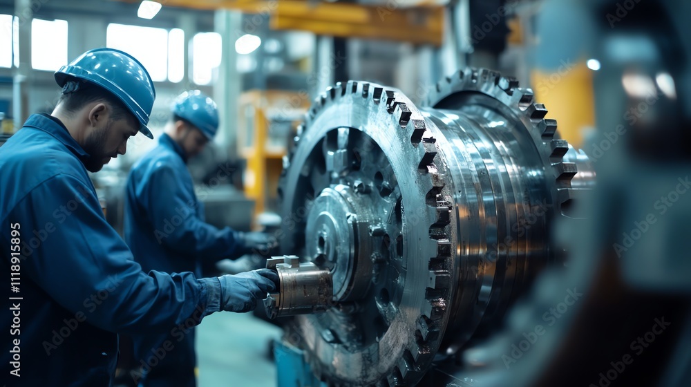 Two workers in a factory setting, one of them is working on a machine. Two workers in a factory setting, one of them is working on a machine.
