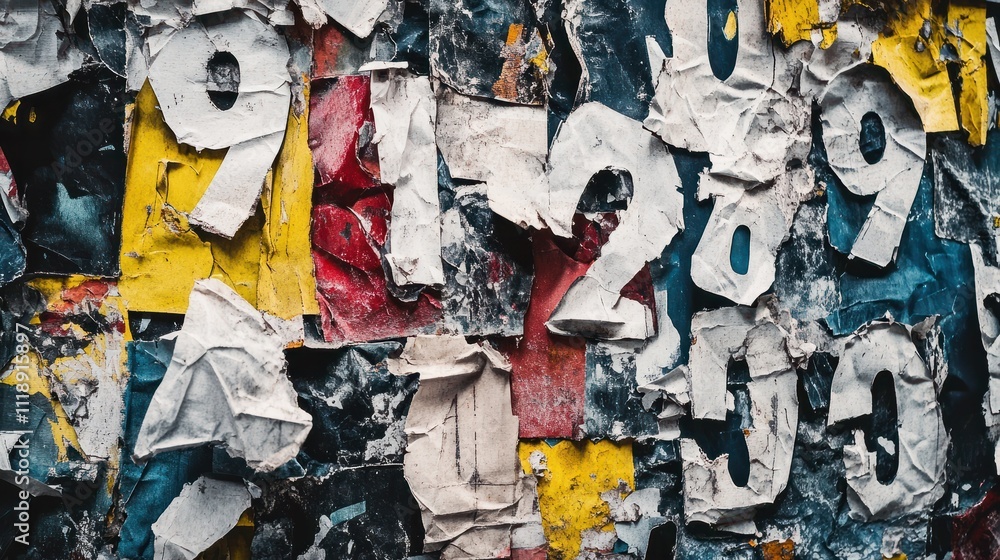 Fototapeta premium Collage of many numbers and letters ripped torn advertisement street posters grunge creased crumpled paper texture background placard backdrop surface