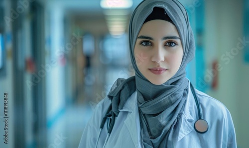 A female doctor in a hospital corridor wearing a hijab and lab coat.