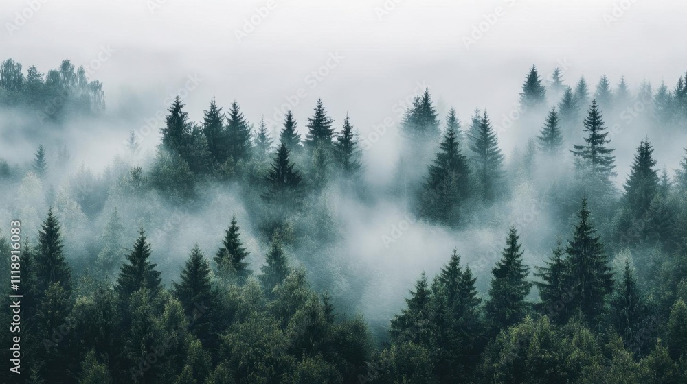 A misty forest landscape with dense trees and fog. A misty forest landscape with dense trees and fog.