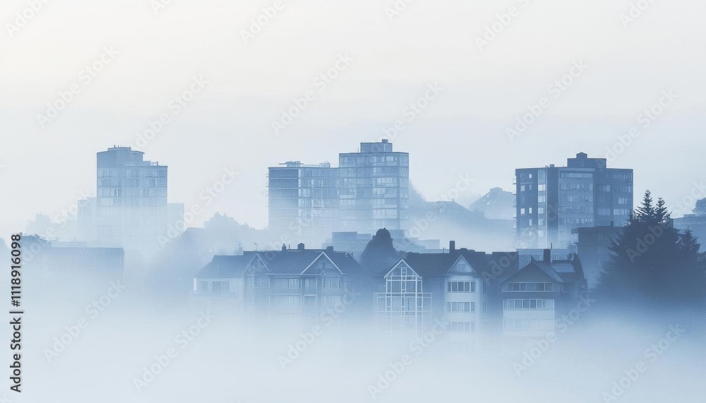Naklejka premium A misty cityscape with buildings partially obscured by fog.