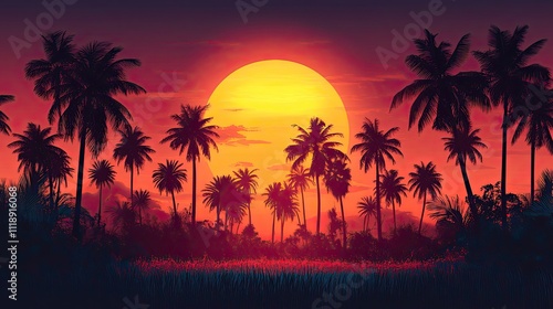 A summer card features a graphic design of palm trees silhouetted against a sunset