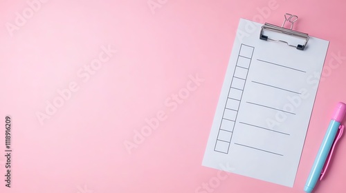 A checklist on a clipboard with a pencil nearby on a pink background.