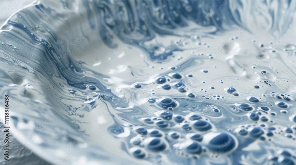 A close-up of a swirling blue and white paint mixture in a shallow dish. A close-up of a swirling blue and white paint mixture in a shallow dish.
