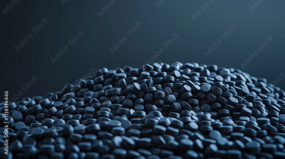 Fototapeta premium Close up of black rubber pellets a type of polymer resin.