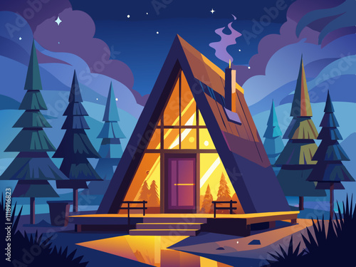 colorful illustration of a cozy A-frame cabin with warm light glowing from its windows.