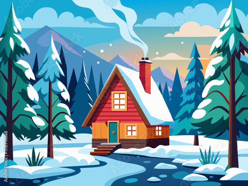 colorful illustration of a cozy mountain chalet with icicles hanging from the roof.