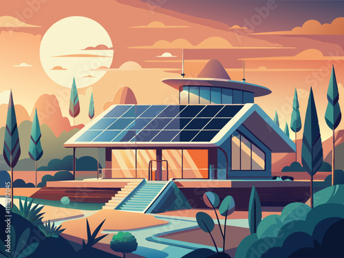 colorful illustration of a futuristic home with solar panels and a rooftop garden.