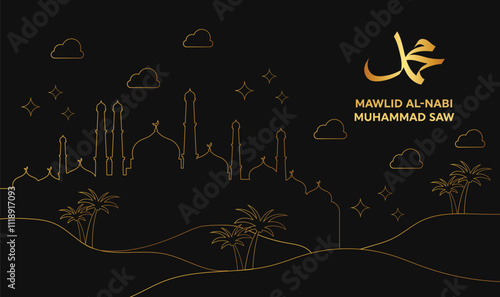 Design for the Prophet Muhammad's birthday. translation: The birthday of the Prophet Muhammad SAW is golden. Suitable for greeting cards, flyers and banners on black background