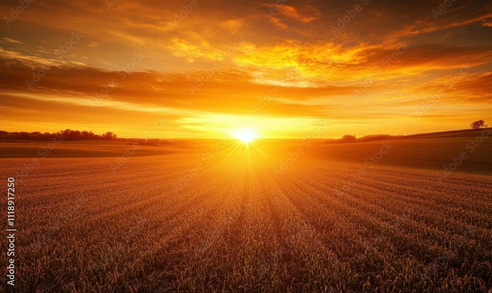 Obraz premium A serene sunset over a vast field, showcasing nature's beauty.