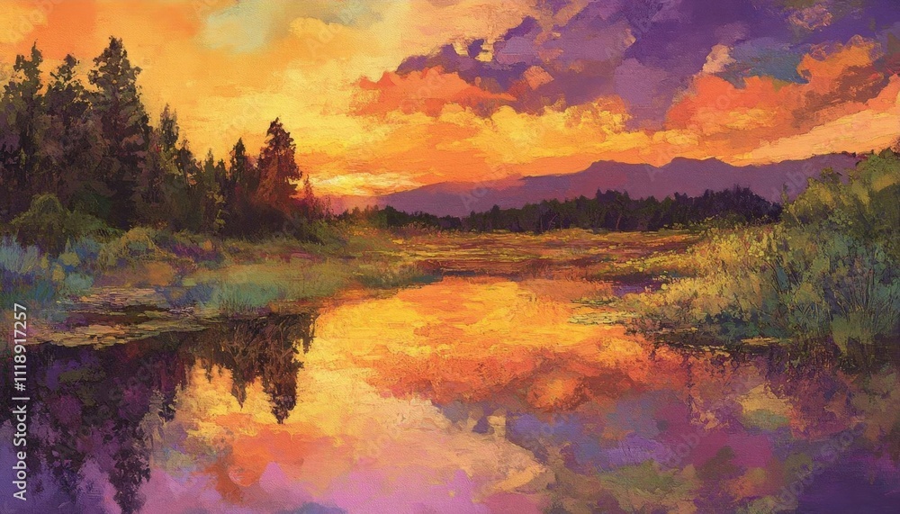 A vibrant sunset reflecting on a tranquil water landscape.
