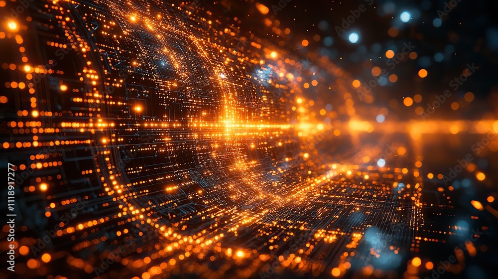 A technology landscape illustration shows a wireframe digital space A technology landscape illustration shows a wireframe digital space