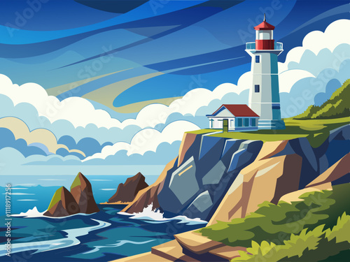 colorful illustration of a quaint lighthouse with a red and white stripe pattern near a calm sea.