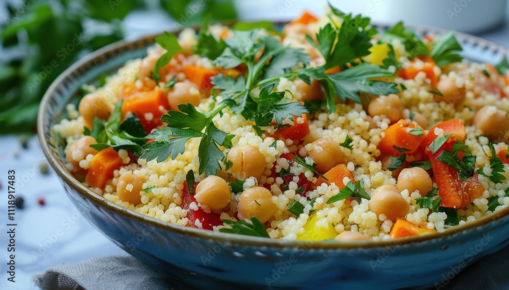 A vibrant couscous salad with chickpeas, vegetables, and herbs. A vibrant couscous salad with chickpeas, vegetables, and herbs.