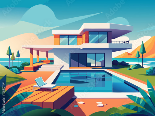 colorful illustration of a modern villa with an infinity pool overlooking the ocean.