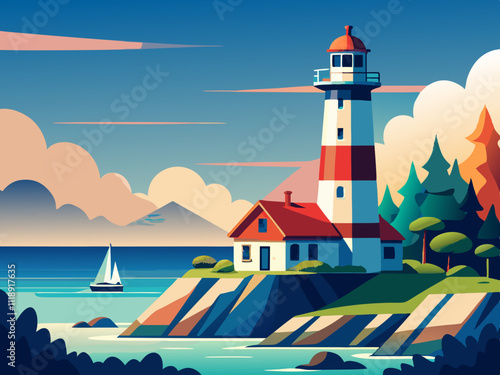 colorful illustration of a quaint lighthouse with a red and white stripe pattern near a calm sea.