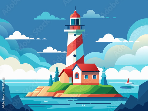 colorful illustration of a quaint lighthouse with a red and white stripe pattern near a calm sea.