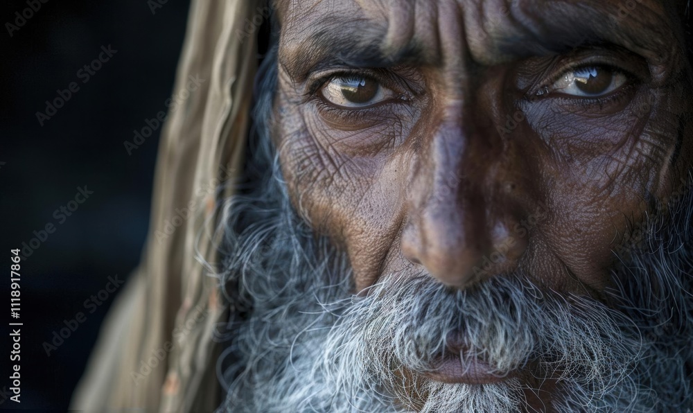 Close-up portrait of an elderly man with deep, expressive features. Close-up portrait of an elderly man with deep, expressive features.