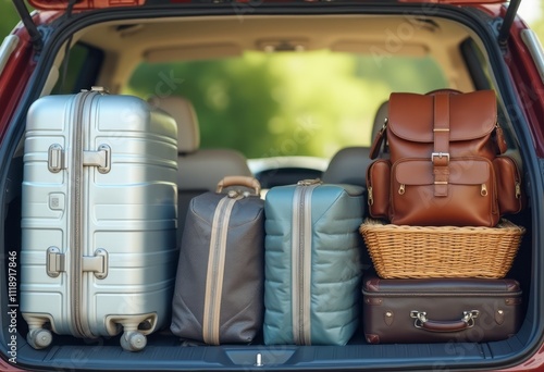 The image captures a neatly organized trunk filled with an array of luggage, ready for a journey. A shiny silver suitcase stands tall beside a stylish brown backpack and a charming wicker basket photo