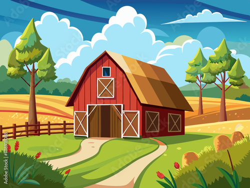 colorful illustration of a rustic wooden barnyard surrounded by grazing animals.