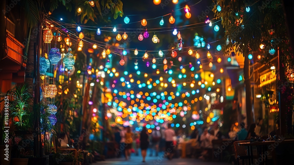 Night street scene with colorful lights and blurred people. Night street scene with colorful lights and blurred people.