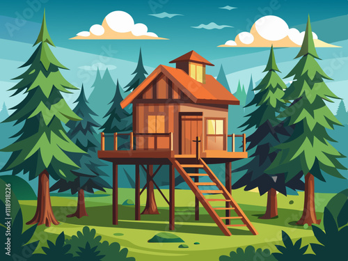 colorful illustration of a rustic wooden treehouse surrounded by towering pines.