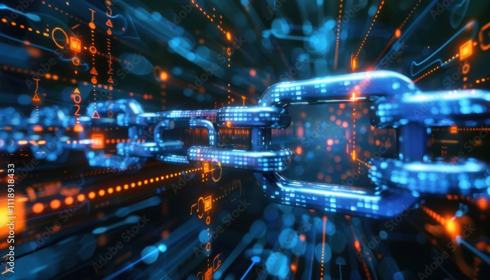 A digital representation of a blockchain network with glowing links. A digital representation of a blockchain network with glowing links.