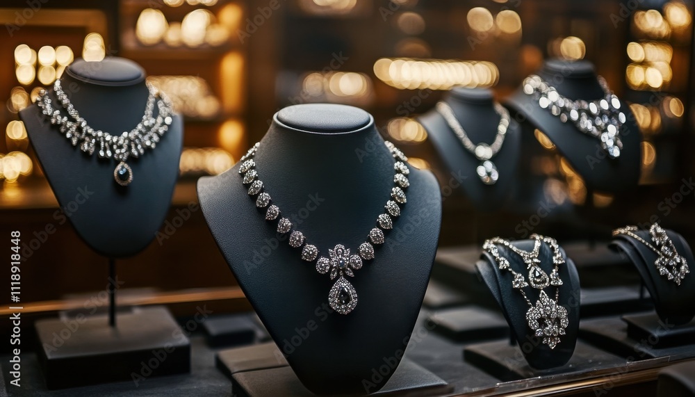 Elegant jewelry display featuring various necklaces on stands. Elegant jewelry display featuring various necklaces on stands.