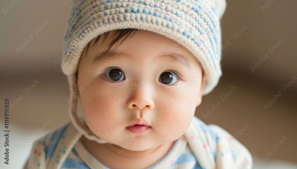 A close-up of a baby wearing a knitted hat, showcasing innocence and curiosity. A close-up of a baby wearing a knitted hat, showcasing innocence and curiosity.