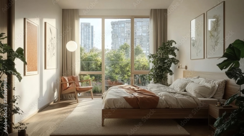 Cozy bedroom with natural light and greenery, promoting relaxation. Cozy bedroom with natural light and greenery, promoting relaxation.
