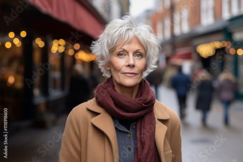 Portrait of beautiful senior woman in coat and scarf on the street