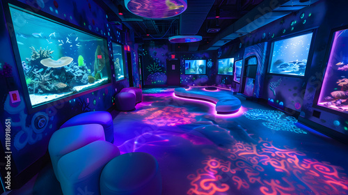 A vibrant underwater-themed room with glowing decor and aquarium displays.