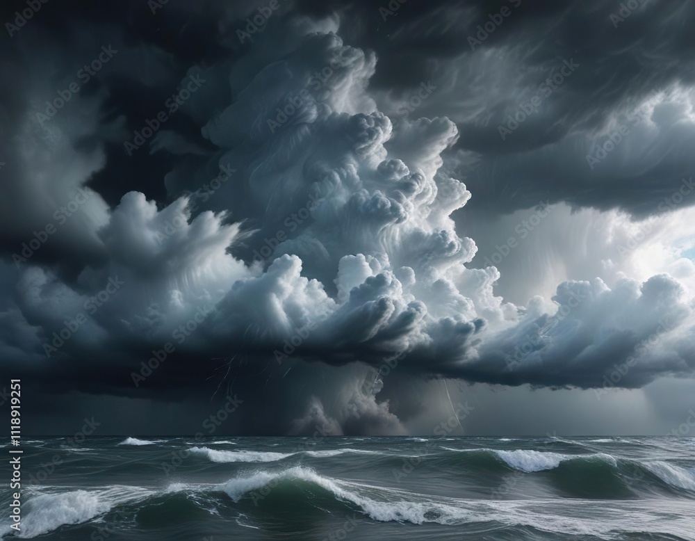 Fototapeta premium A dramatic and intense thunderstorm cloud formation with dark grey clouds, heavy rain and strong winds, creating a rough seas effect on the blue sky, wind, nature