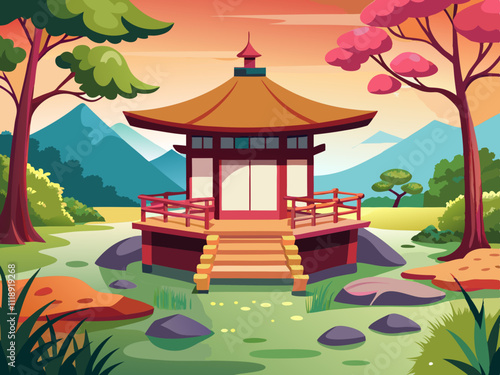 colorful illustration of a traditional Japanese tea house in a tranquil garden setting.