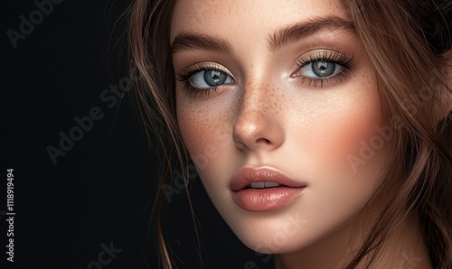 Close-up portrait of a young woman with striking features.