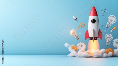 Red and white rocket launching with gears and lightbulbs, signifying startup success.