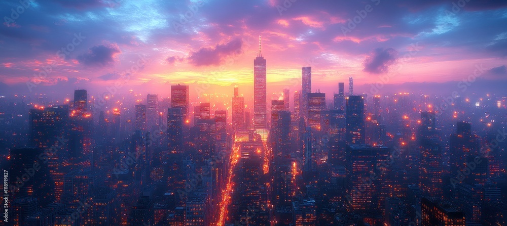 Fototapeta premium Twilight Skyline of Chicago Modern Architecture Illuminated by Golden Lights