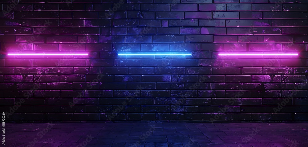Futuristic 3D rendering of a dark brick wall with neon purple and blue lights, ideal for retro-themed product presentations Futuristic 3D rendering of a dark brick wall with neon purple and blue lights, ideal for retro-themed product presentations