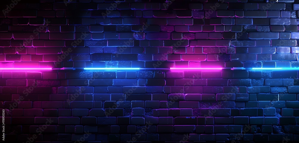 Futuristic 3D rendering of a dark brick wall with neon purple and blue lights, ideal for retro-themed product presentations Futuristic 3D rendering of a dark brick wall with neon purple and blue lights, ideal for retro-themed product presentations